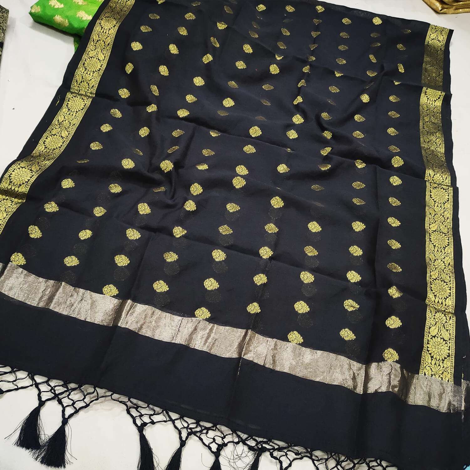 Black Golden Zari Organza Silk Banarasi Dupatta