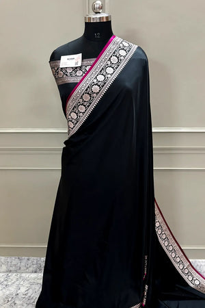 Black Plain Zari Katan Silk Banarasi Saree