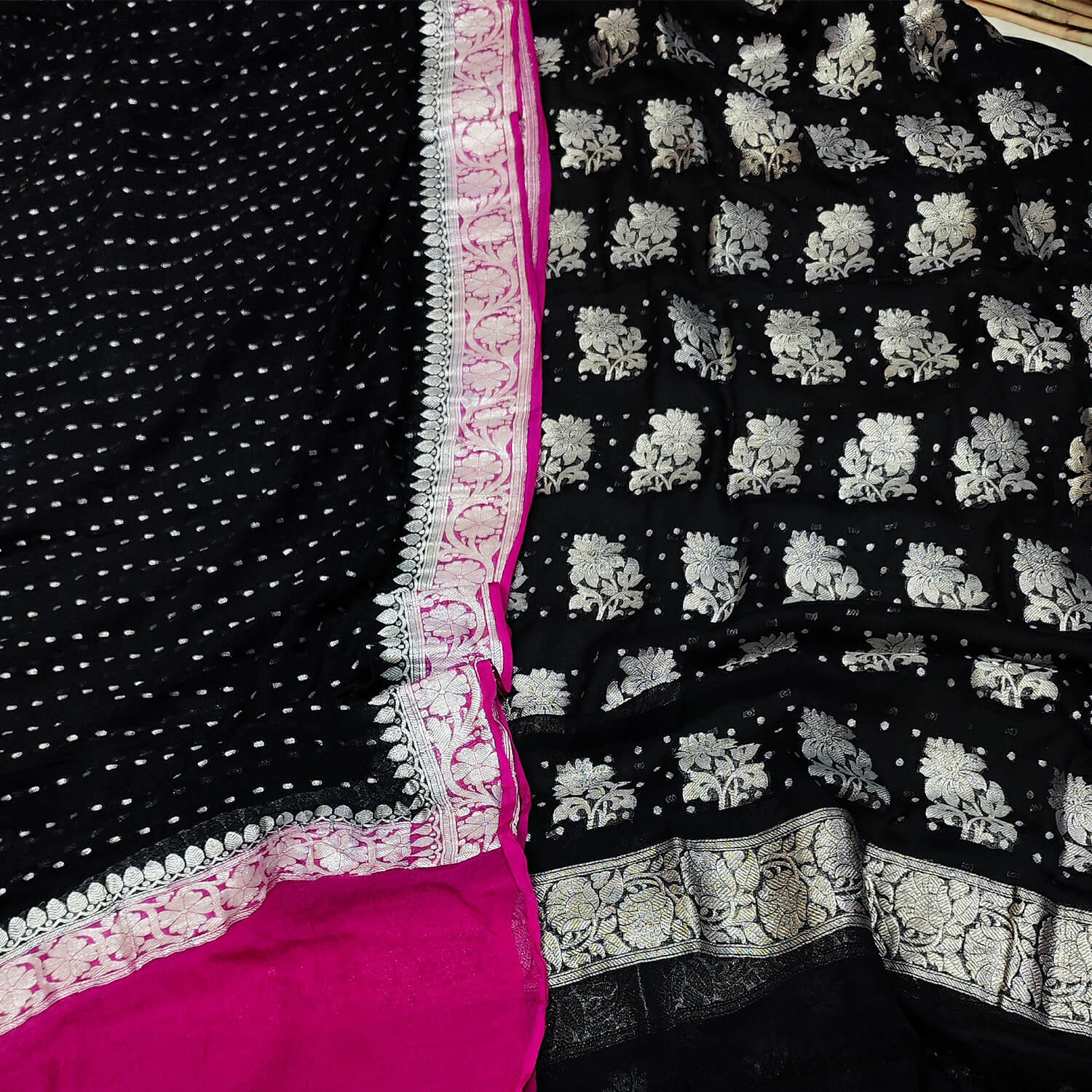 Black and Pink Handloom Banarasi Georgette Silk Salwar Suit