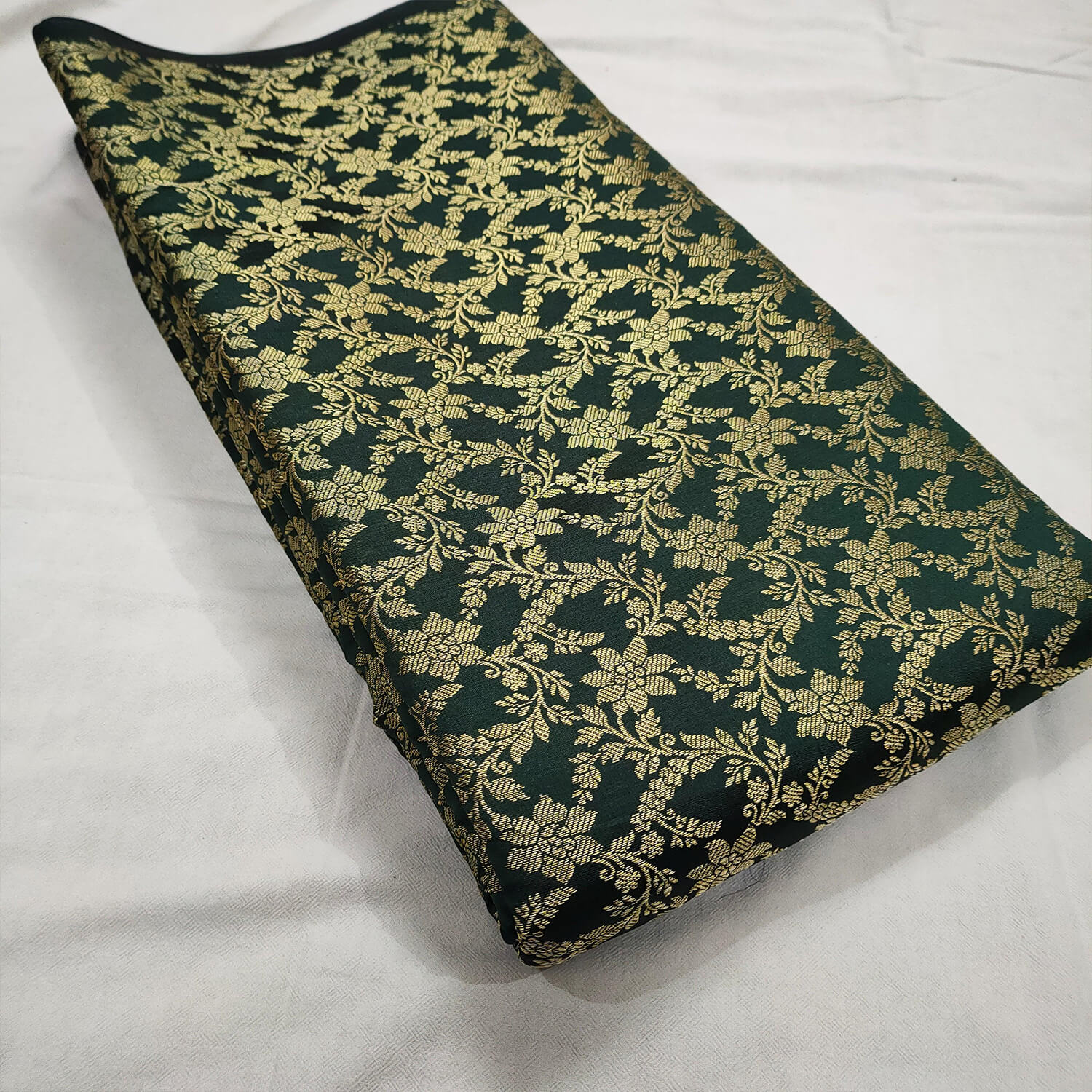 Bottle Green Floral Zari Work Satin Silk Fabric