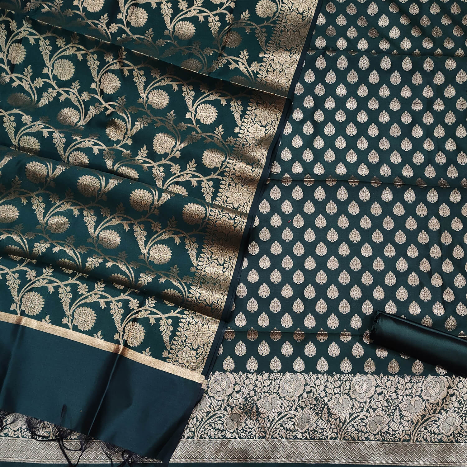 Bottle Green Golen Zari Satin Silk Banarasi Suit