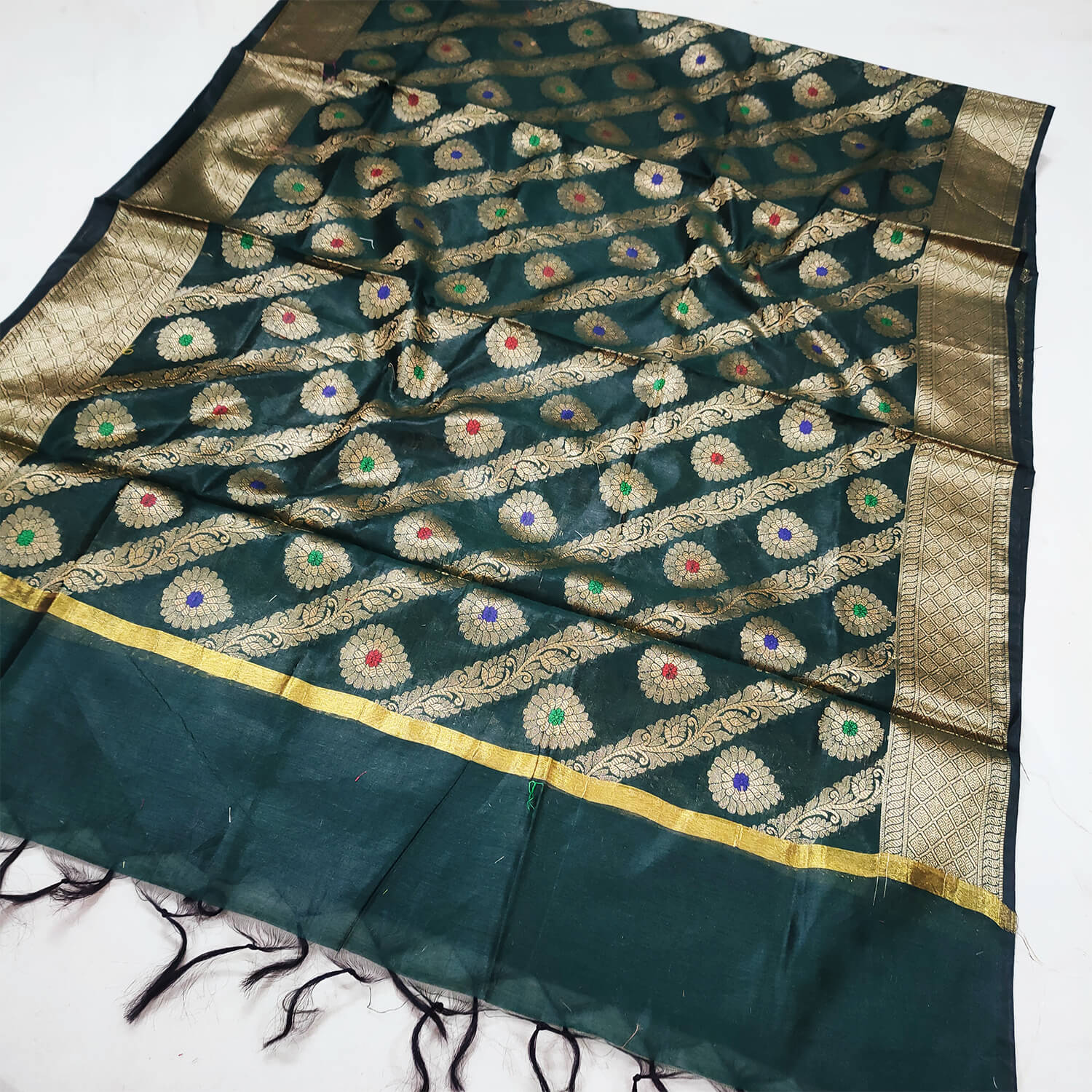 Bottle Green Leheriya Meenakari Banarasi Silk Dupatta