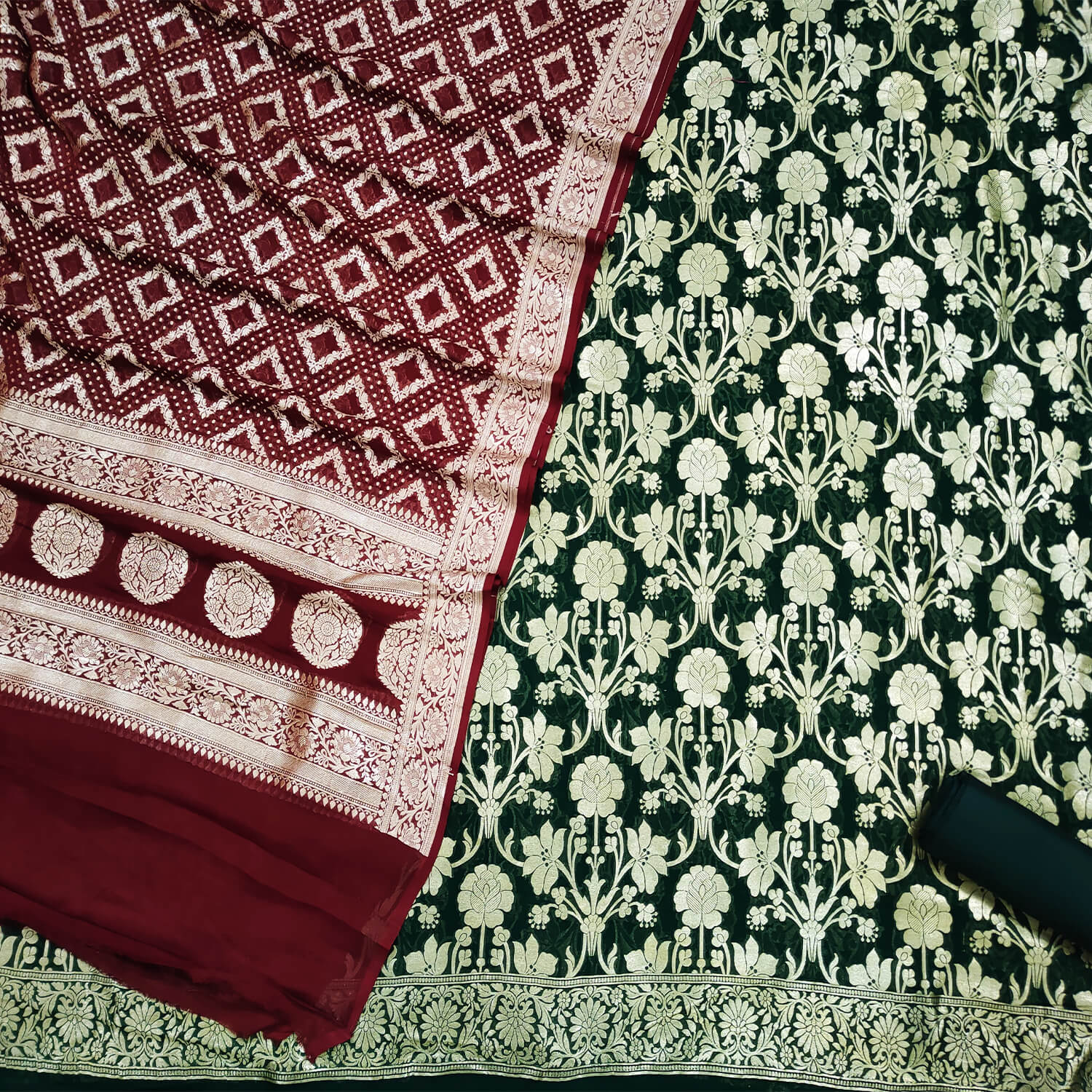 Bottle Green and Maroon Handloom Georgette Banarasi Suit