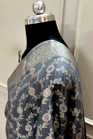 Grey Zari Banarasi Silk Saree