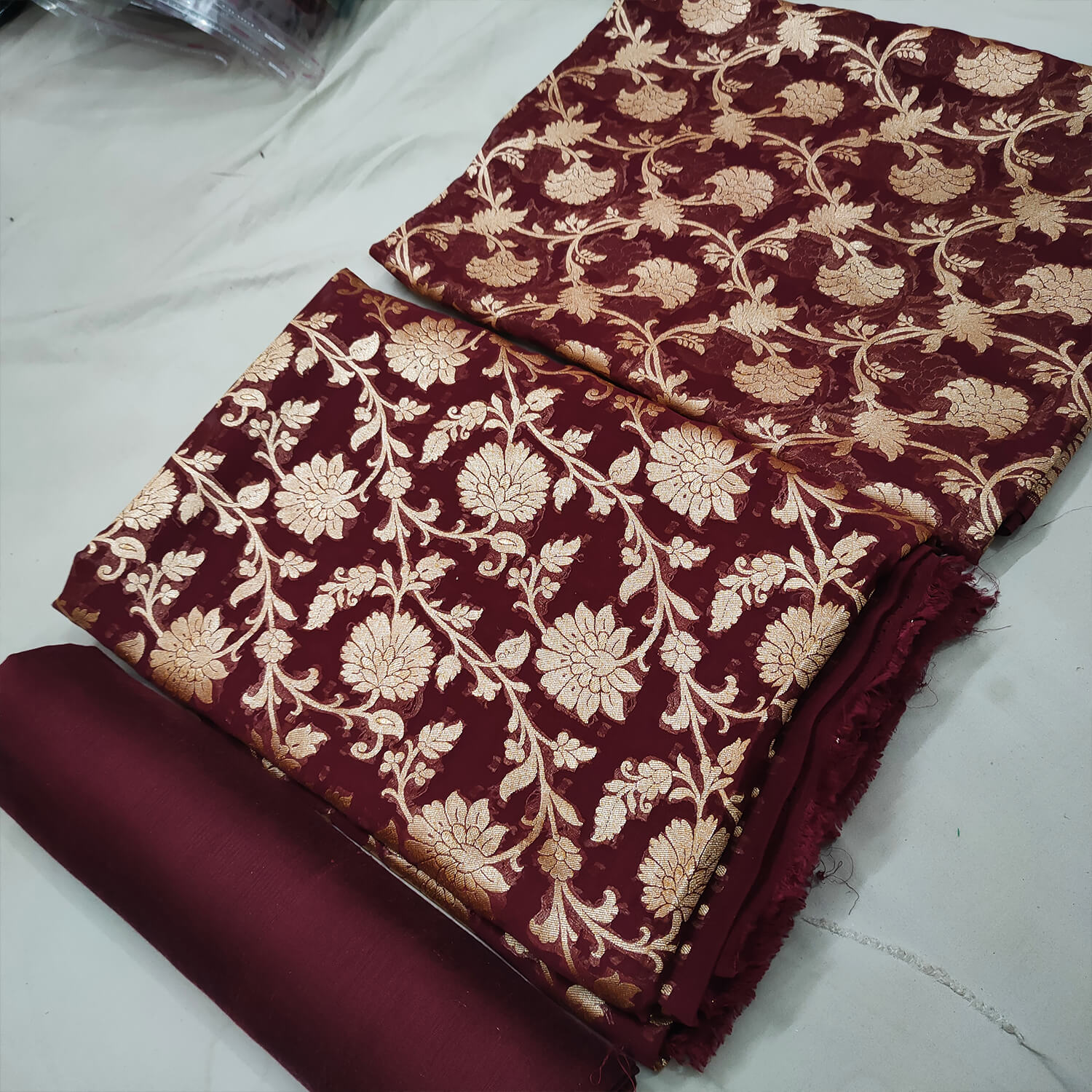 Maroon Floral Handloom Georgette Banarasi Suit