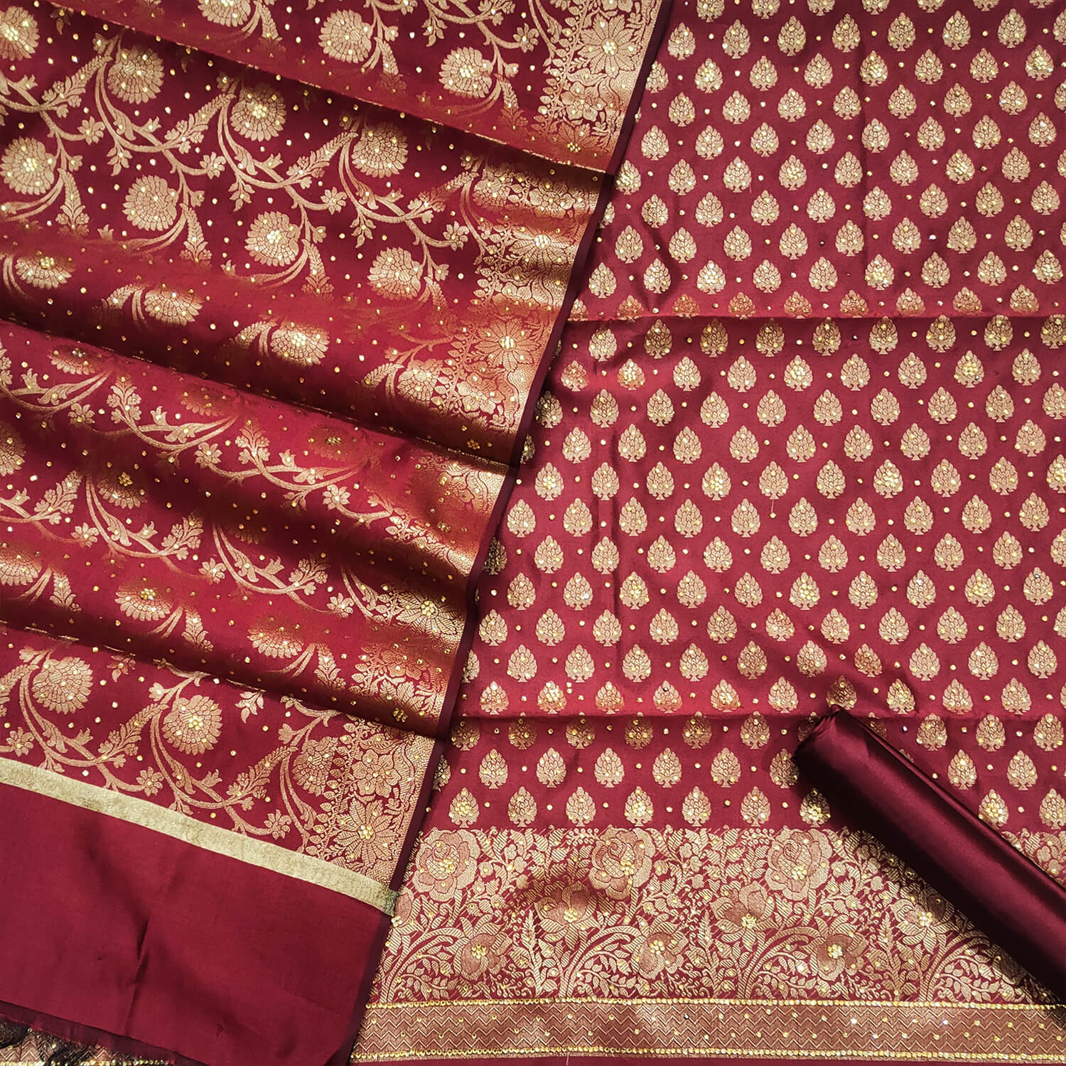 Maroon Stone Work Satin Silk Banarasi Suit