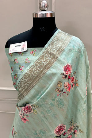 Mint Printed Tussar Silk Saree