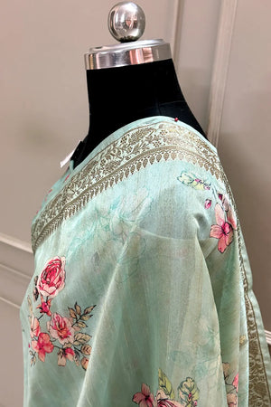 Mint Printed Tussar Silk Saree