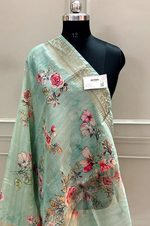 Mint Printed Tussar Silk Saree