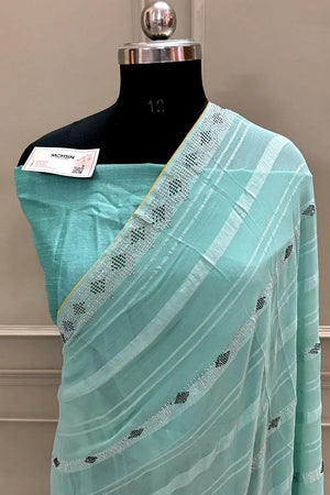 Mint Siroski Work Georgette Silk Saree
