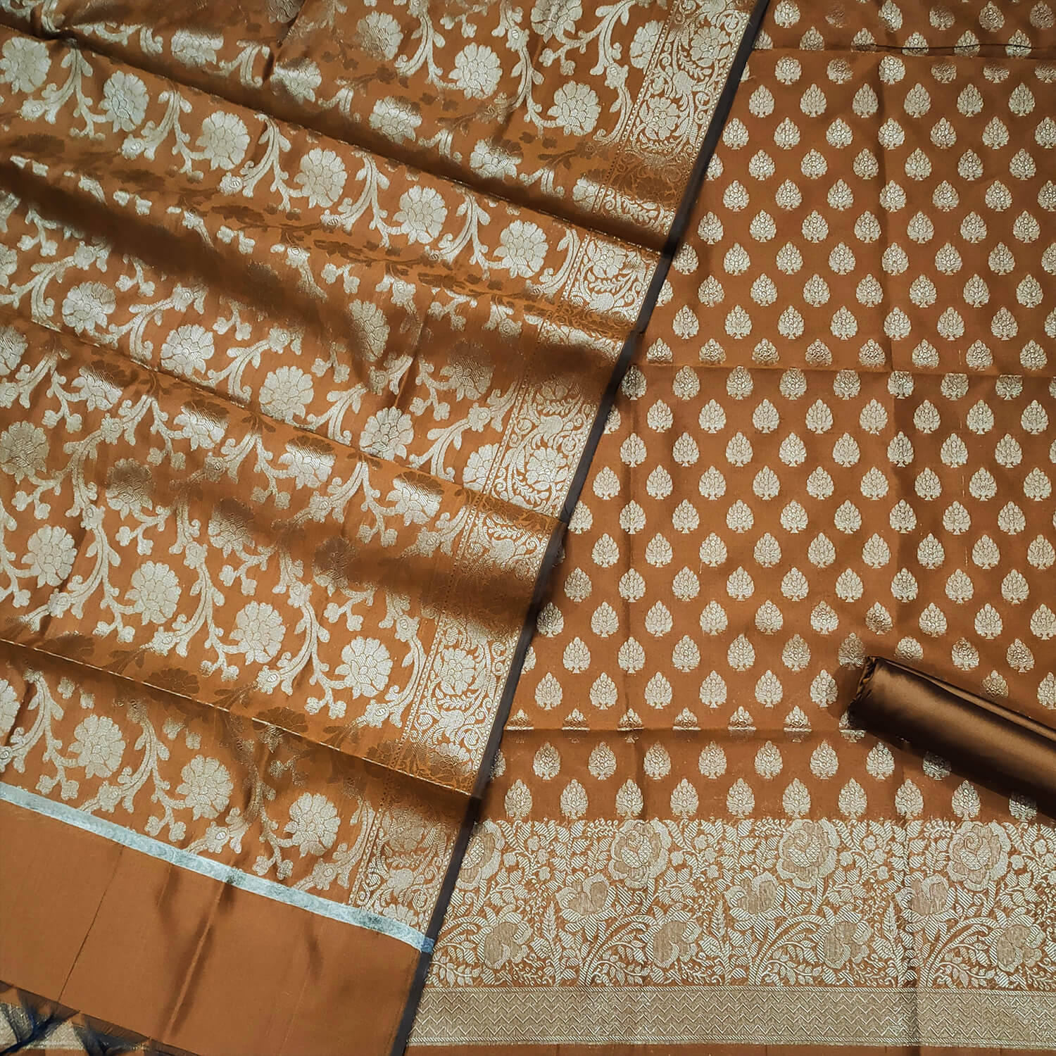 Mustard Golen Zari Satin Silk Banarasi Suit