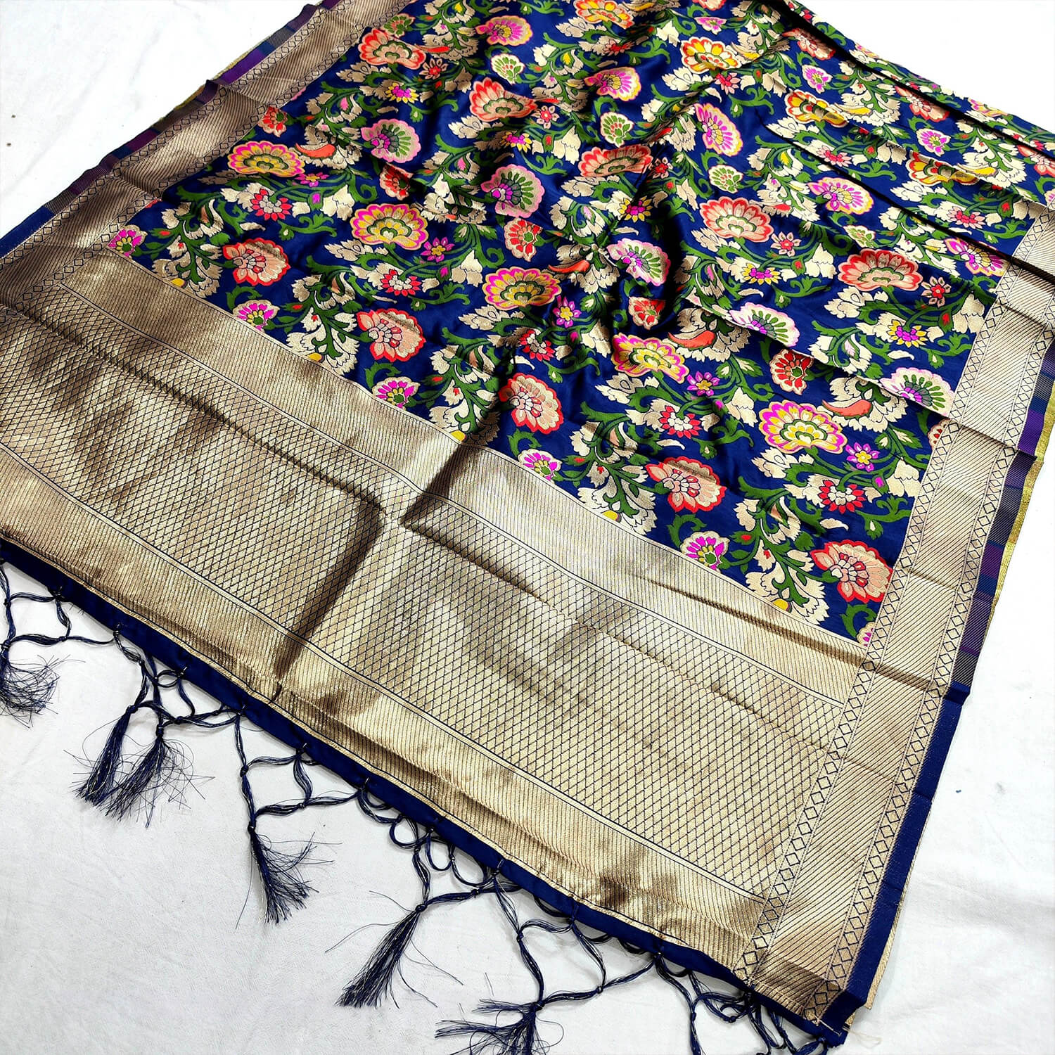 Navy Blue Meenakari Floral Satin Silk Banarasi Dupatta