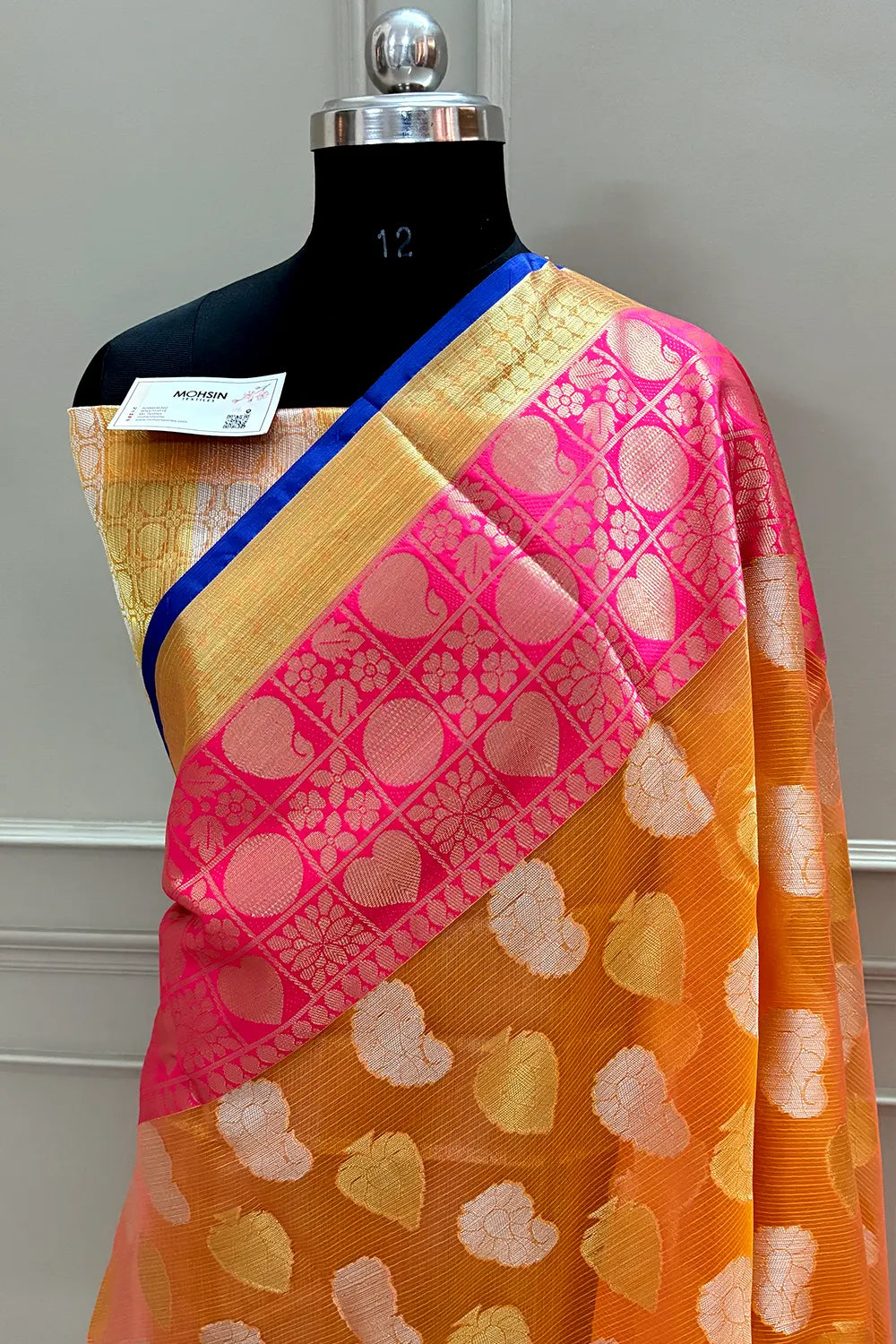 Orange Zari Monga Check Banarasi Silk Saree