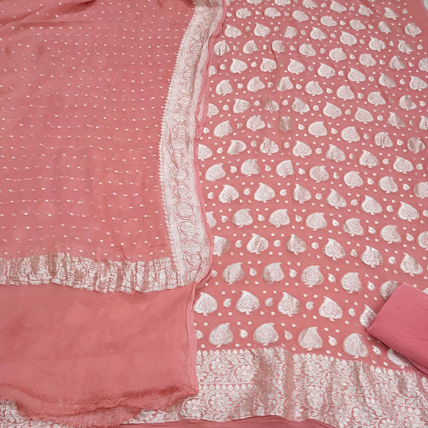 Peach Handloom Georgette Silk Banarasi Suit