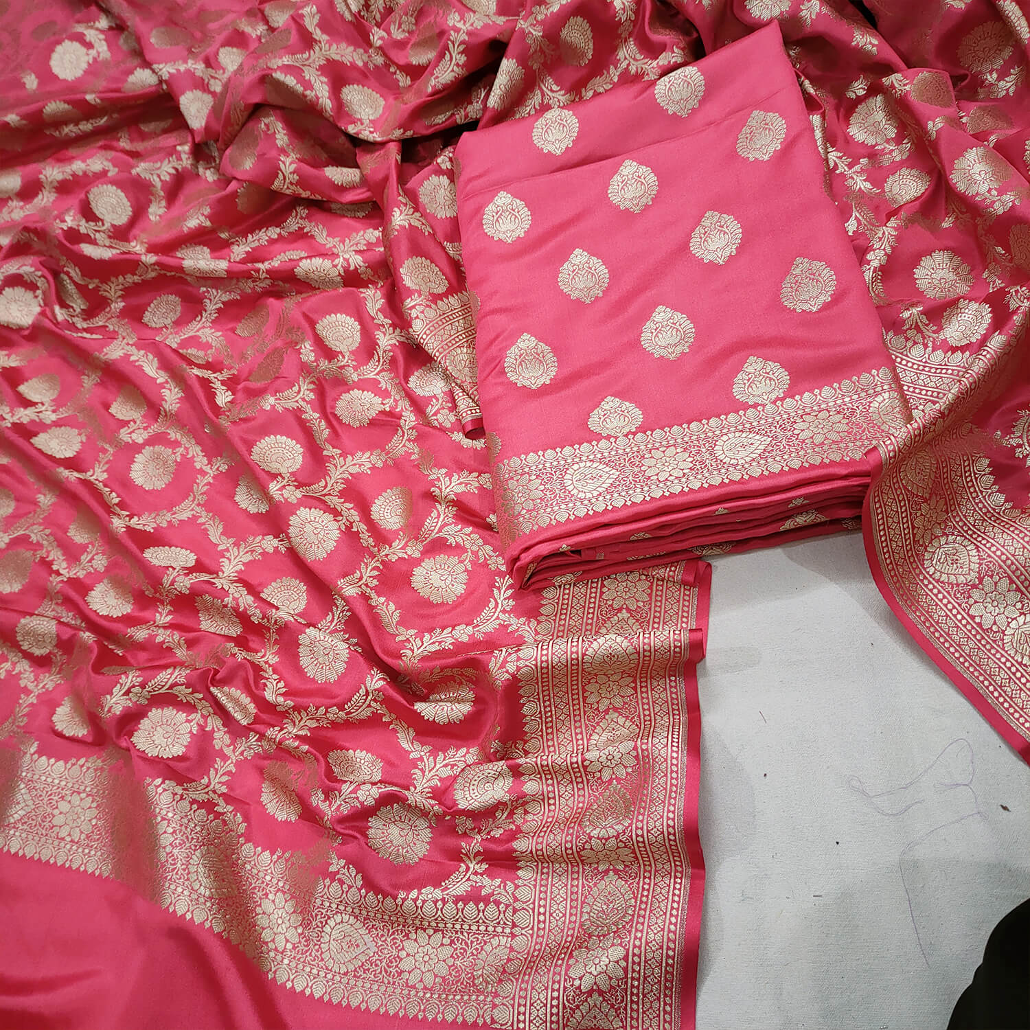 Peach Pure Handloom Katan Silk Banarasi Suit