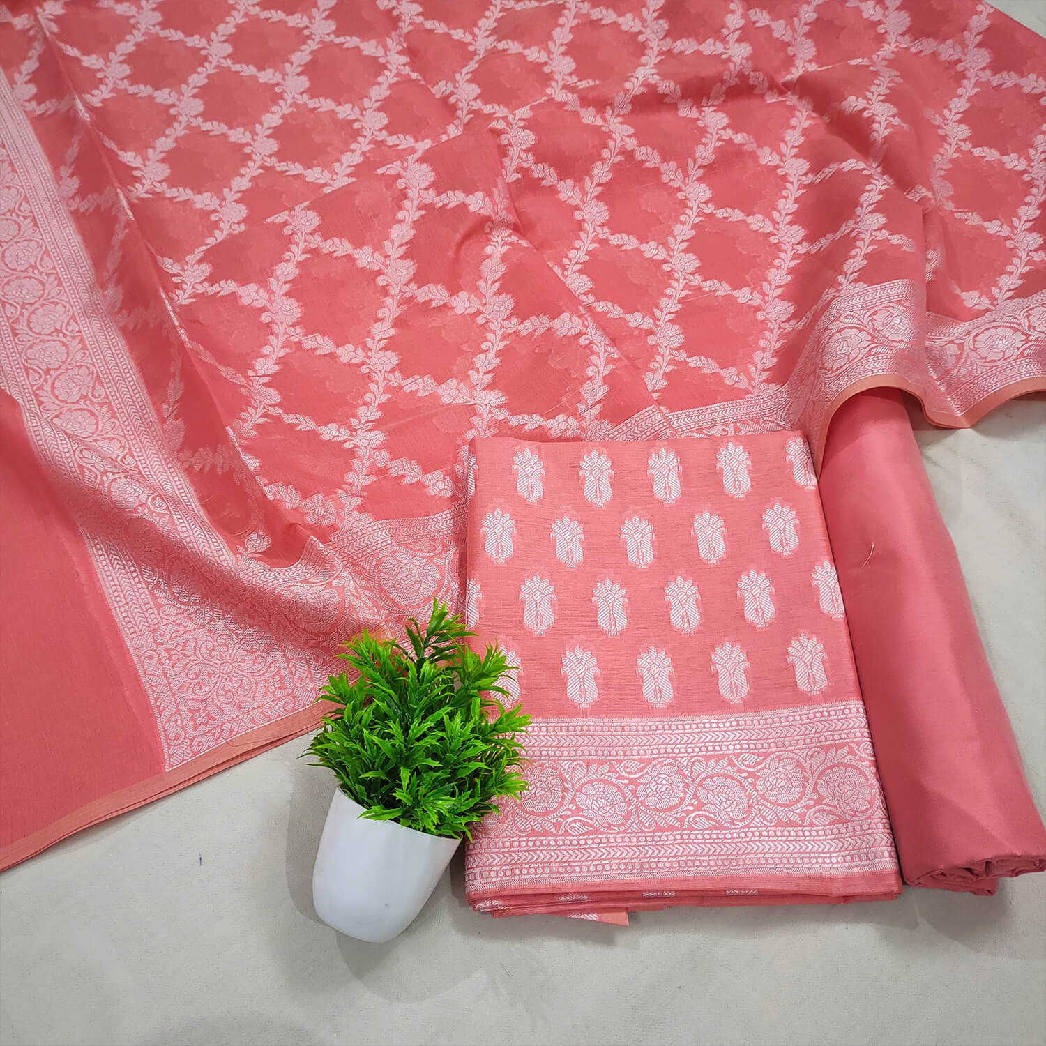 Peach Resham Zari Cotton Silk Banarasi Suit