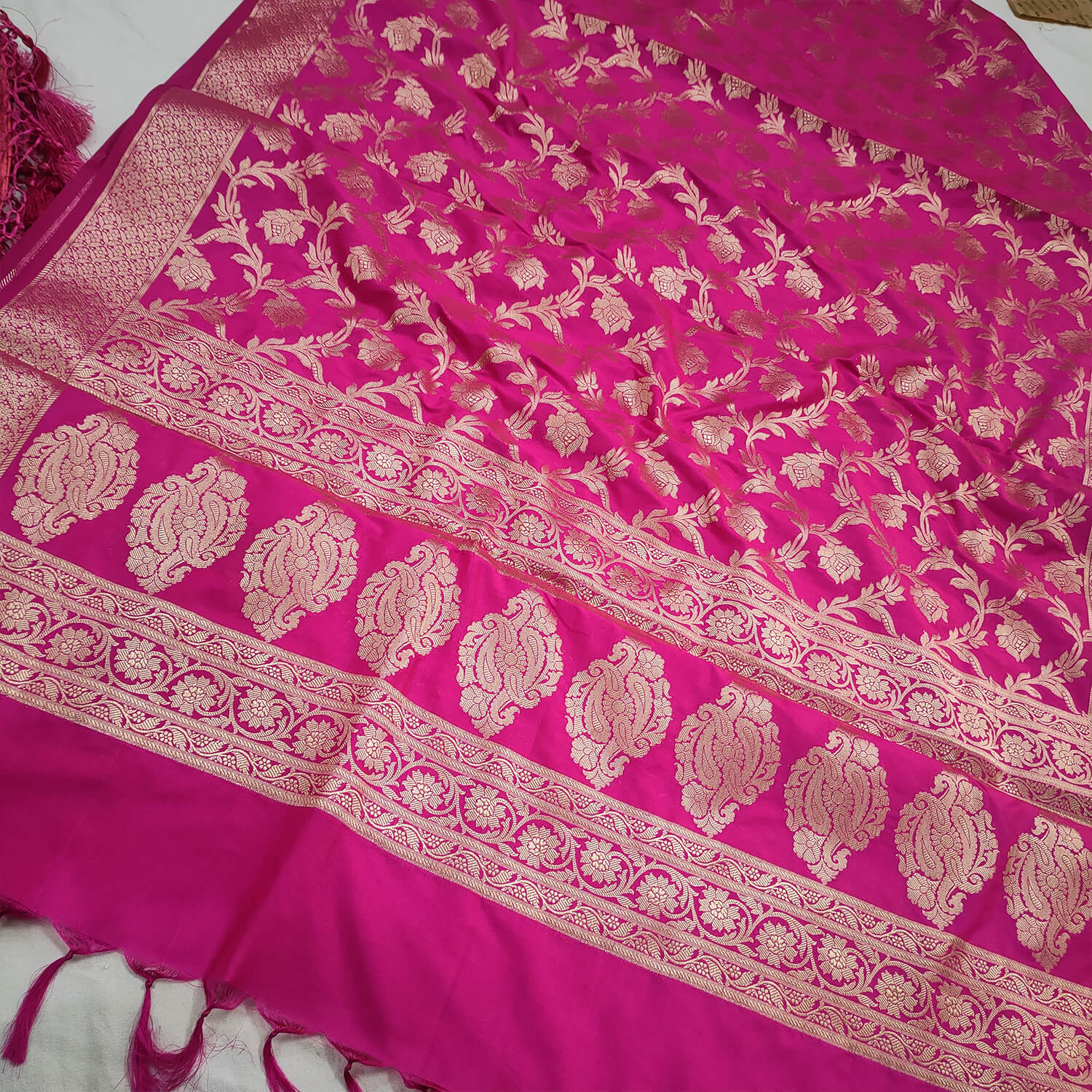Pink Rose Floral Katan Silk Banarasi Dupatta