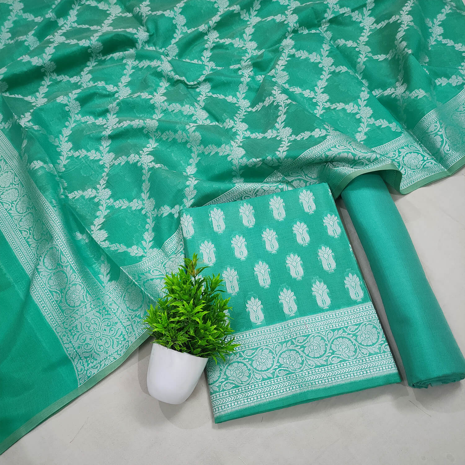 Sea Green Resham Zari Cotton Silk Banarasi Suit