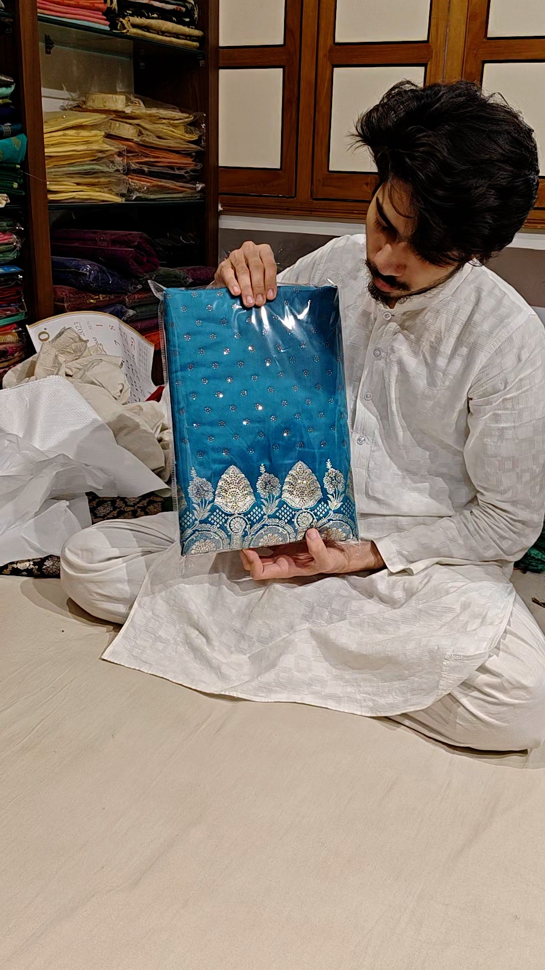 Teal Plain Siroski Stone Katan Silk Banarasi Saree