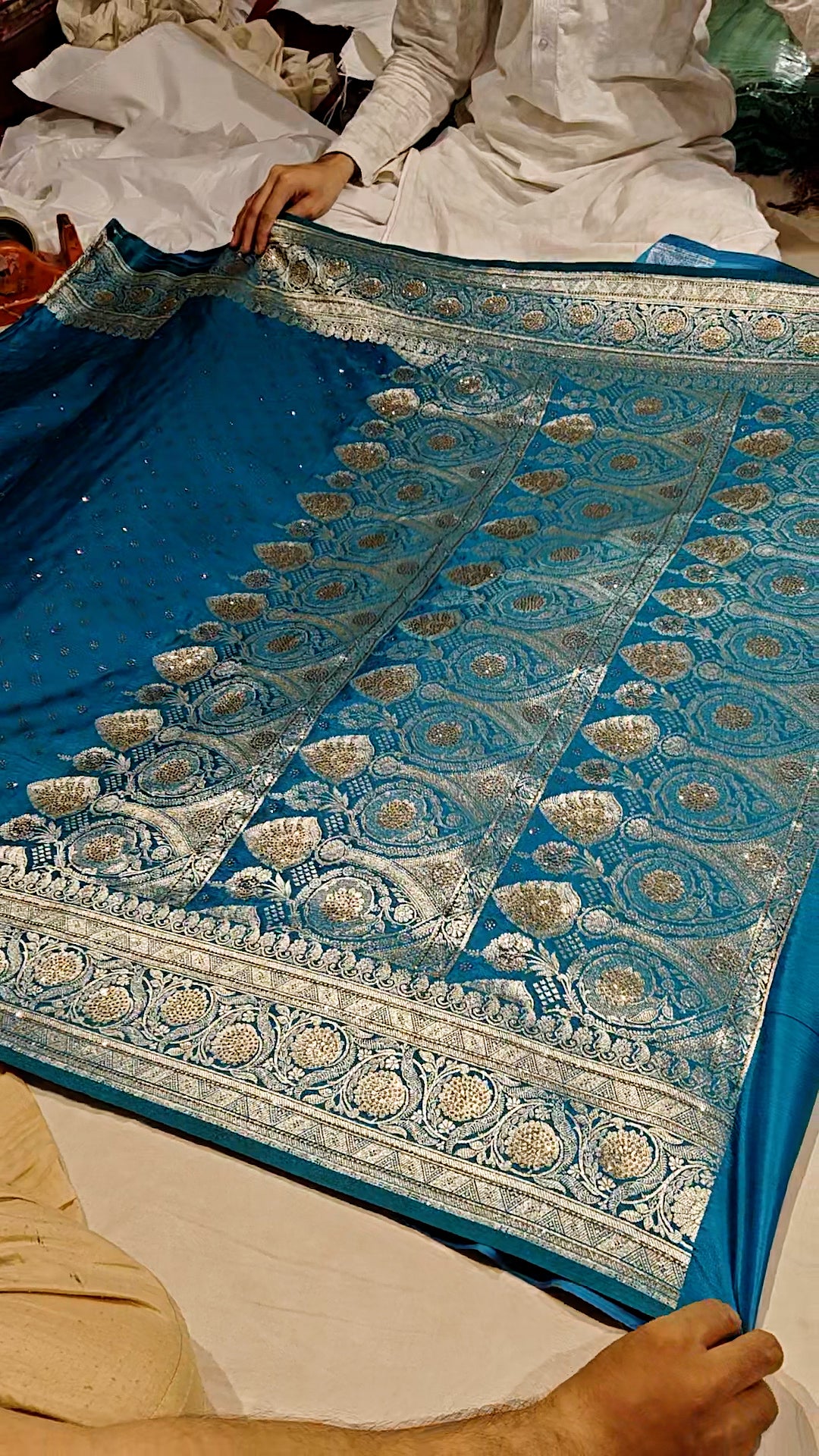 Teal Plain Siroski Stone Katan Silk Banarasi Saree