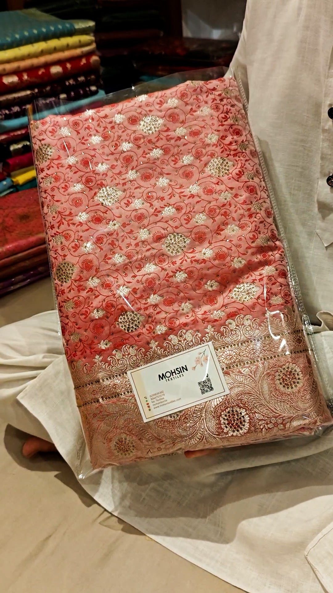 Peach Chunni Munni Buti Stone Katan Silk Banarasi Saree