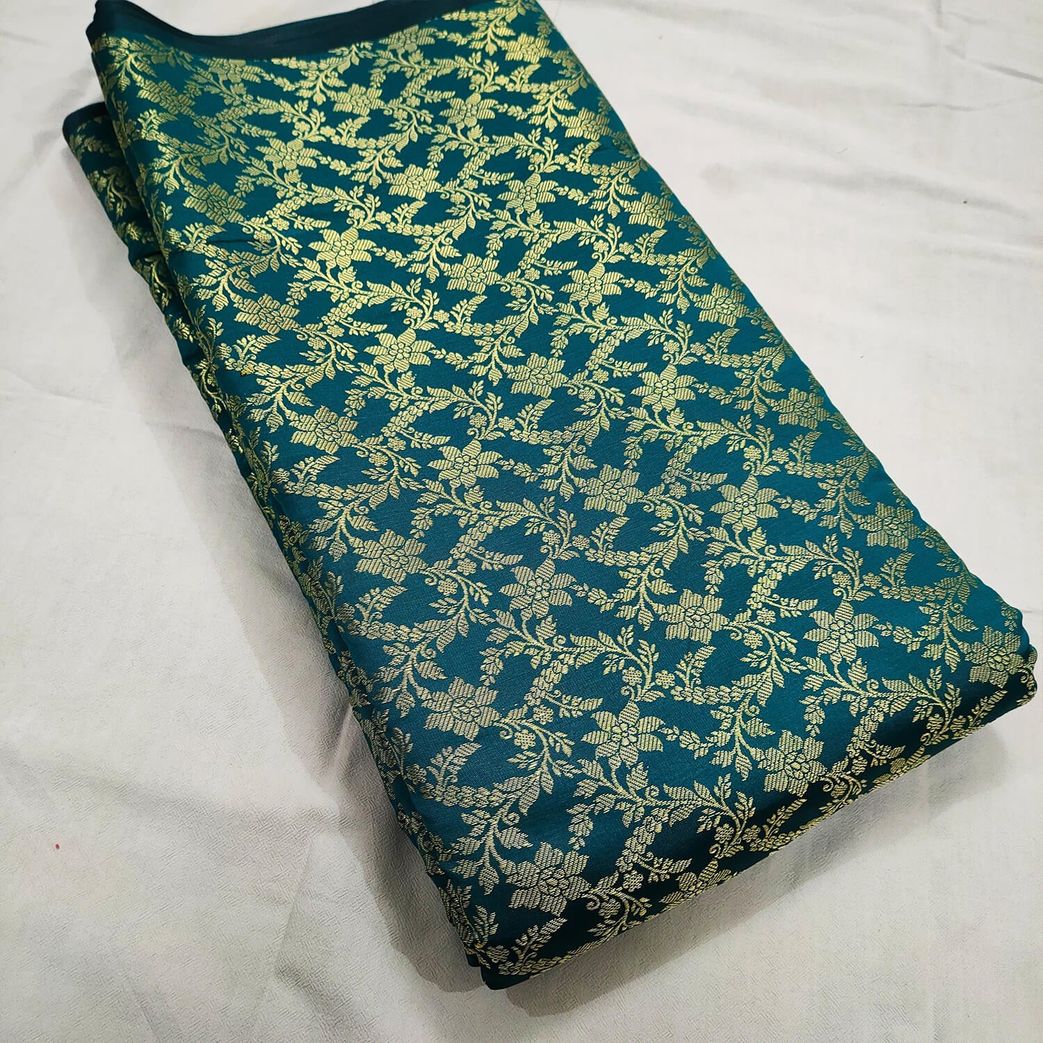 Teal Floral Zari Work Satin Silk Fabric