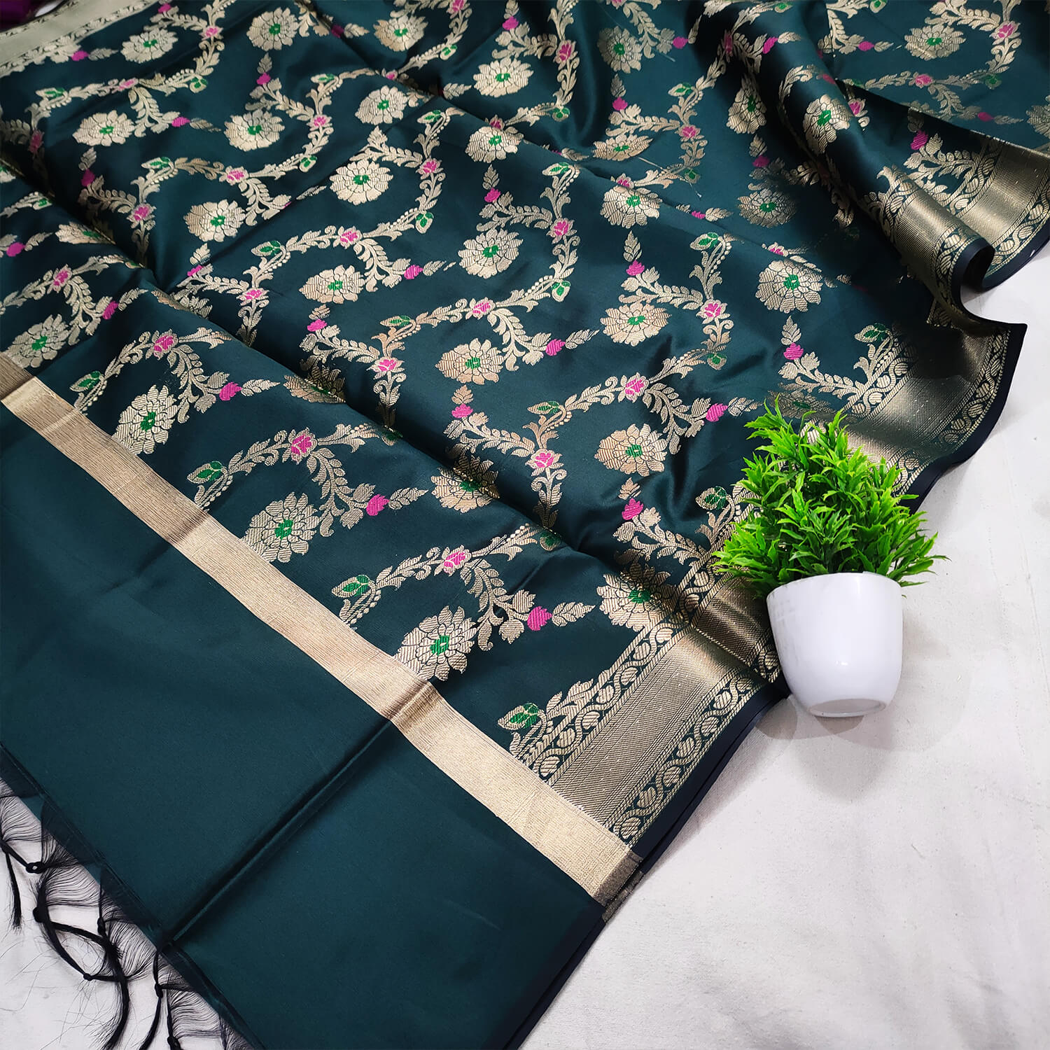 Bottle Green Meenakari Satin Silk Banarasi Dupatta