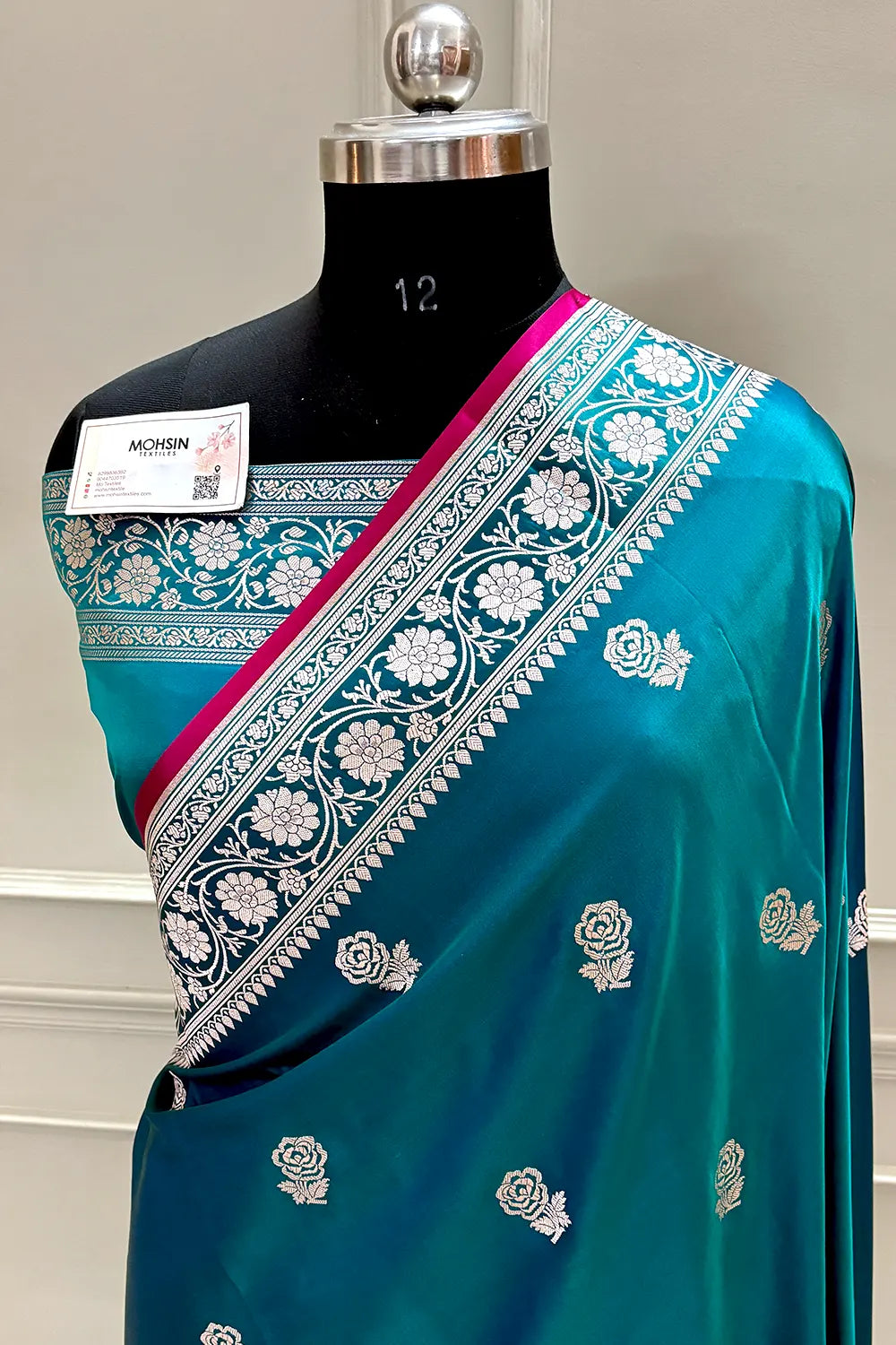 Teal Rose Buti Katan Silk Banarasi Saree