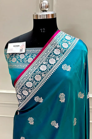 Teal Rose Buti Katan Silk Banarasi Saree