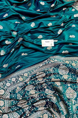 Teal Rose Buti Katan Silk Banarasi Saree