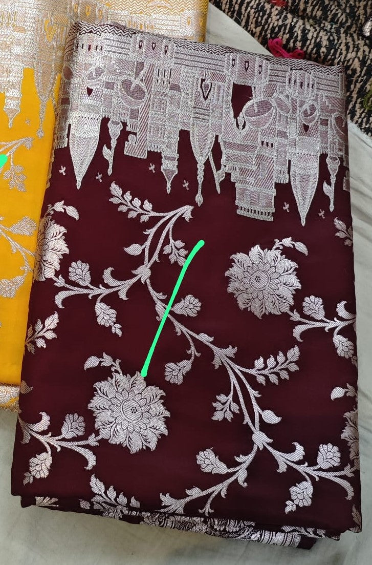 Wine Ganga Ghat Katan Silk Banarasi Suit
