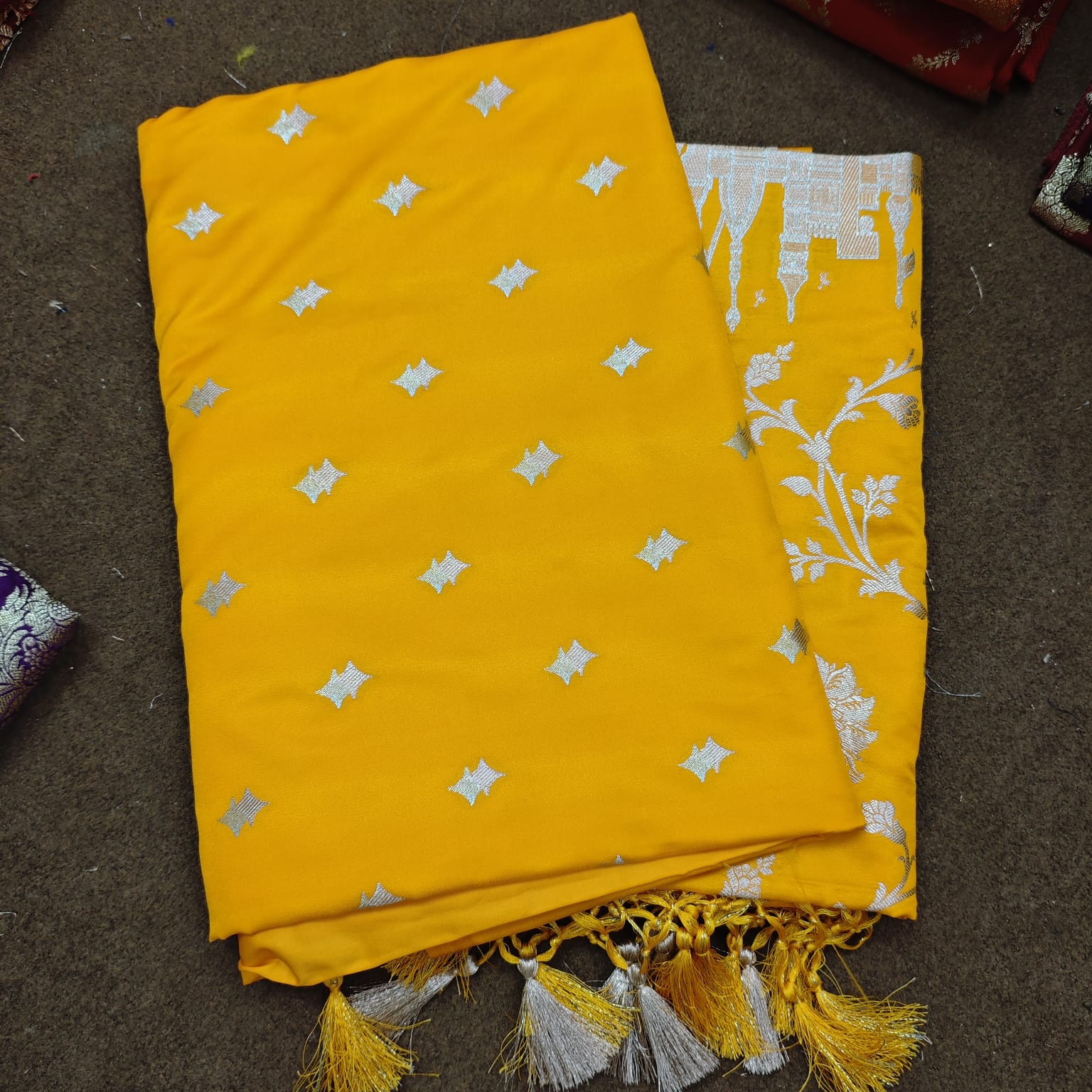 Yellow Ganga Ghat Katan Silk Banarasi Suit