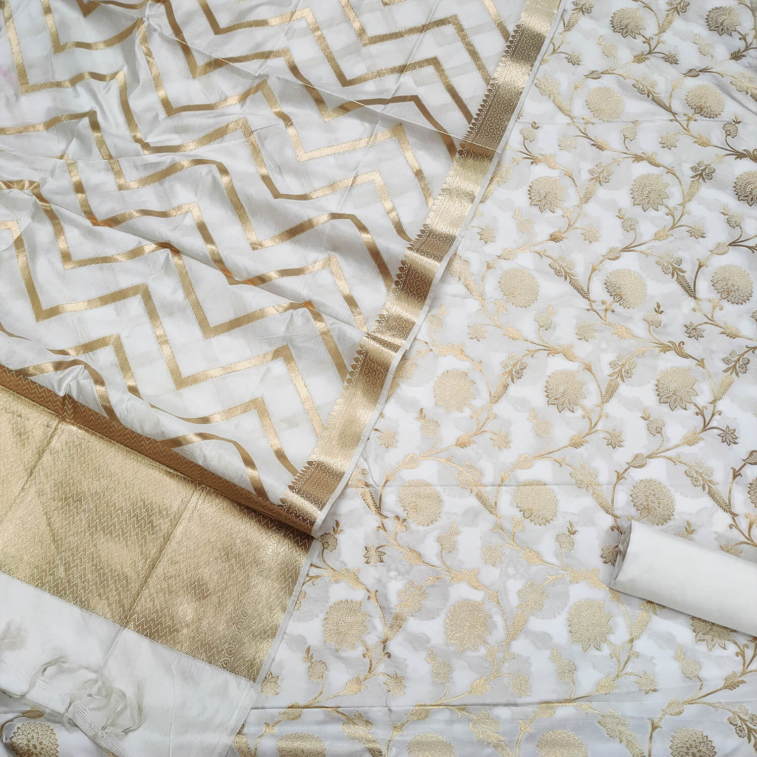 White Dyeable Golden Zari Katan Silk Banarasi Suit