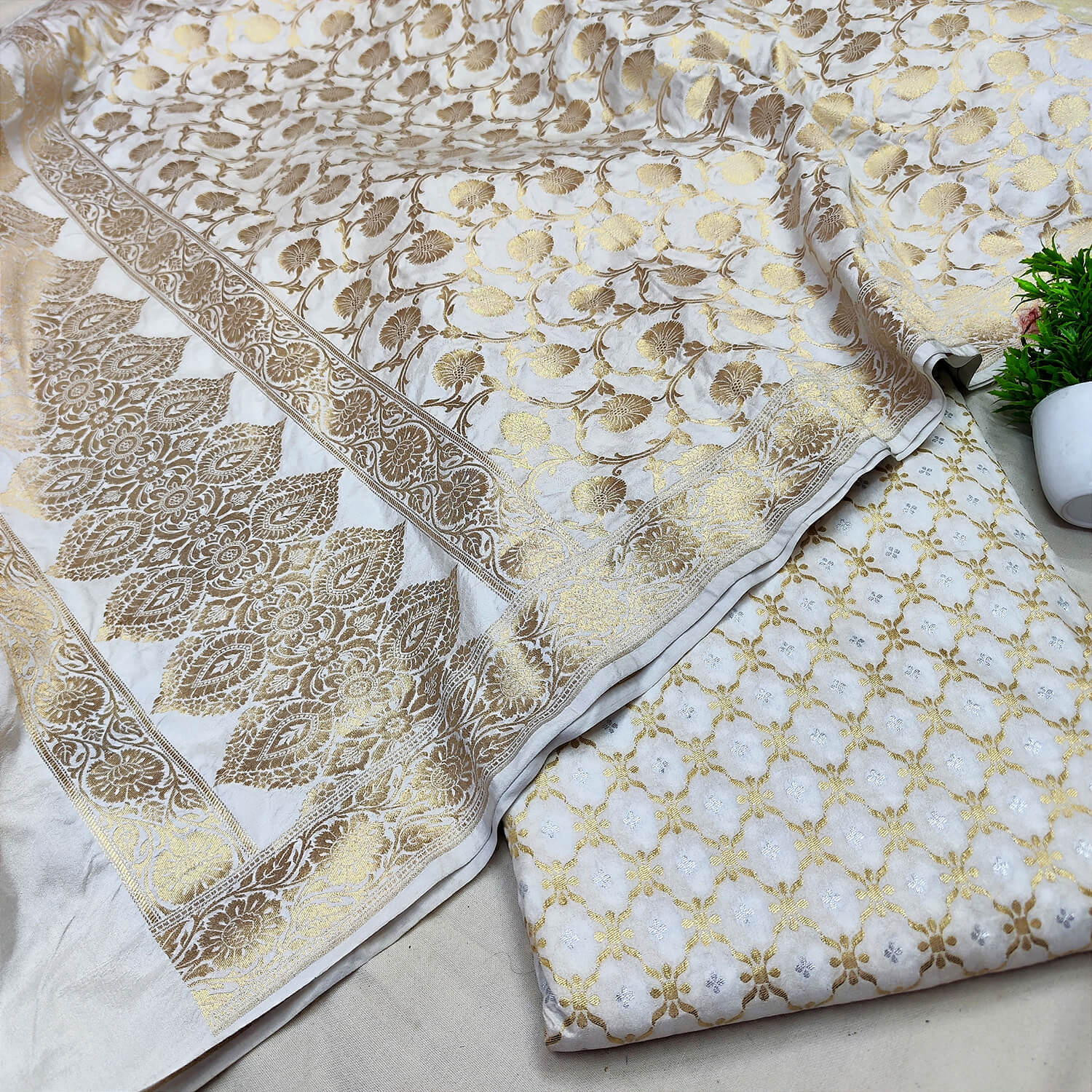 White Dyeable Sona Rupa Jaal Katan Silk Banarasi Suit