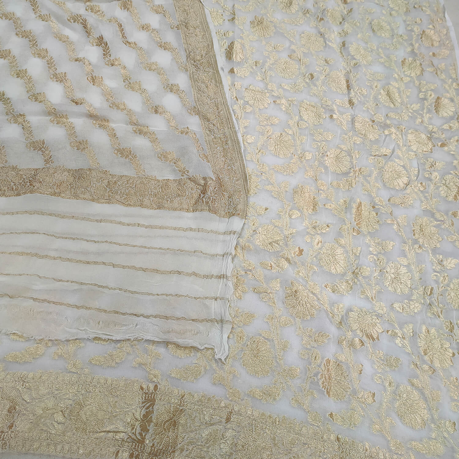 White Floral Georgette Banarasi Suit With Leheriya Dupatta