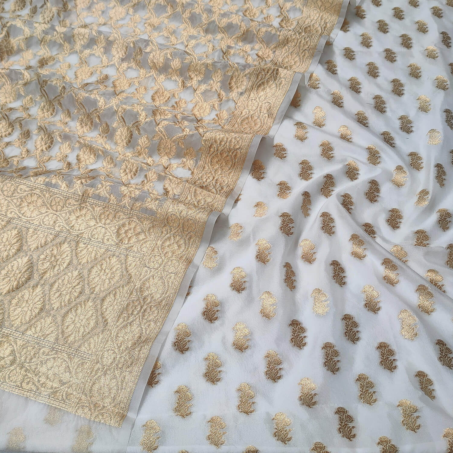 White Golden Zari Organza Silk Banarasi Suit