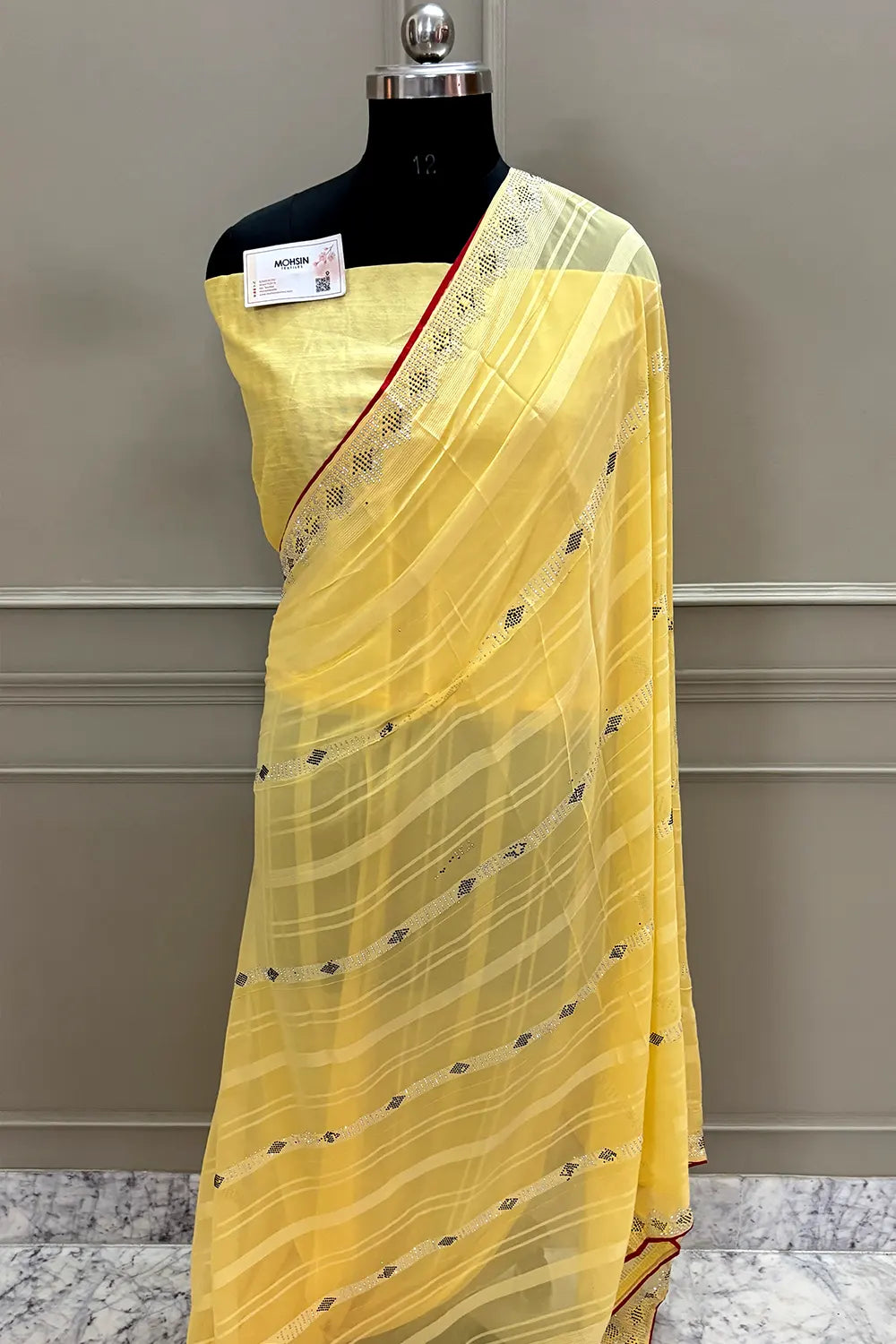 Yellow Siroski Work Georgette Silk Saree