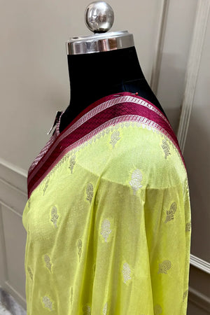 Yellow and Maroon Georgette Silk Banarasi Saree