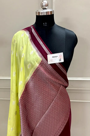 Yellow and Maroon Georgette Silk Banarasi Saree