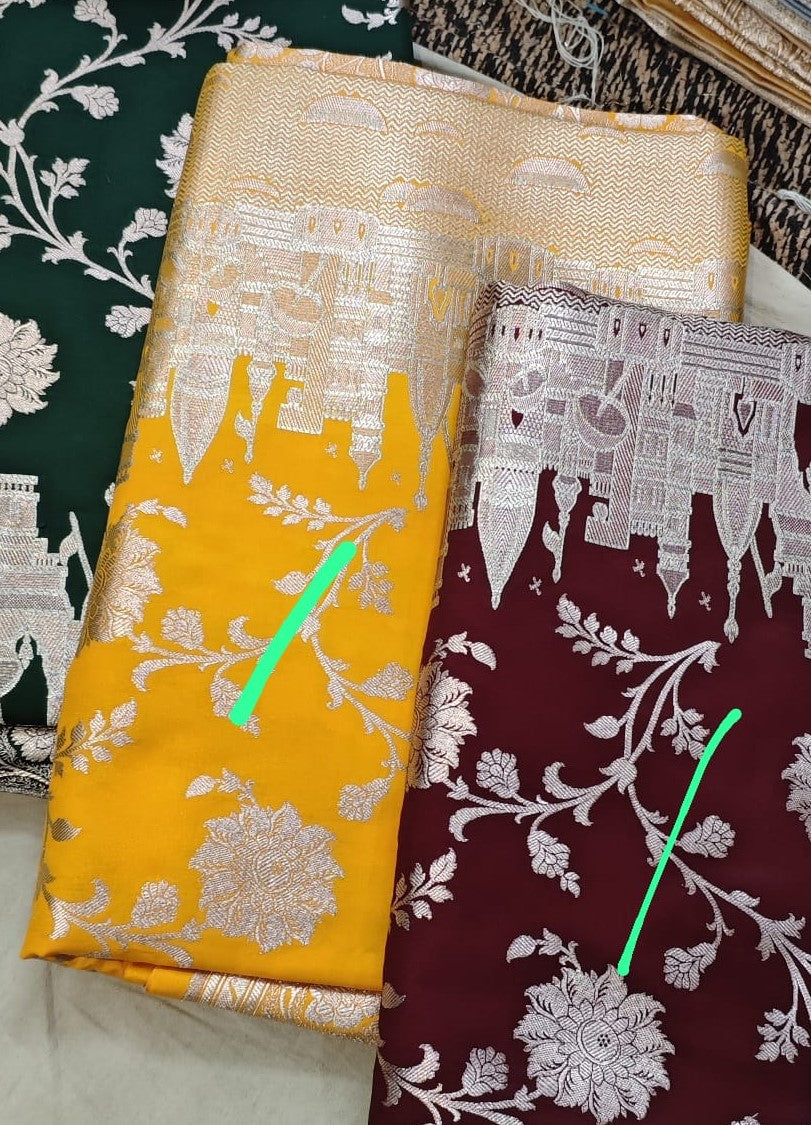 Yellow Ganga Ghat Katan Silk Banarasi Suit