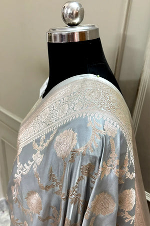 Ash Grey Laabela Jaal Katan Silk Banarasi Saree