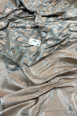 Ash Grey Laabela Jaal Katan Silk Banarasi Saree