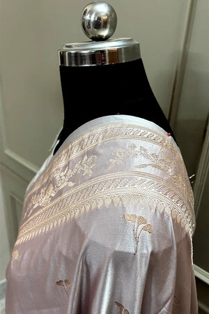Ash Pink Zari Katan Mashru Silk Banarasi Saree