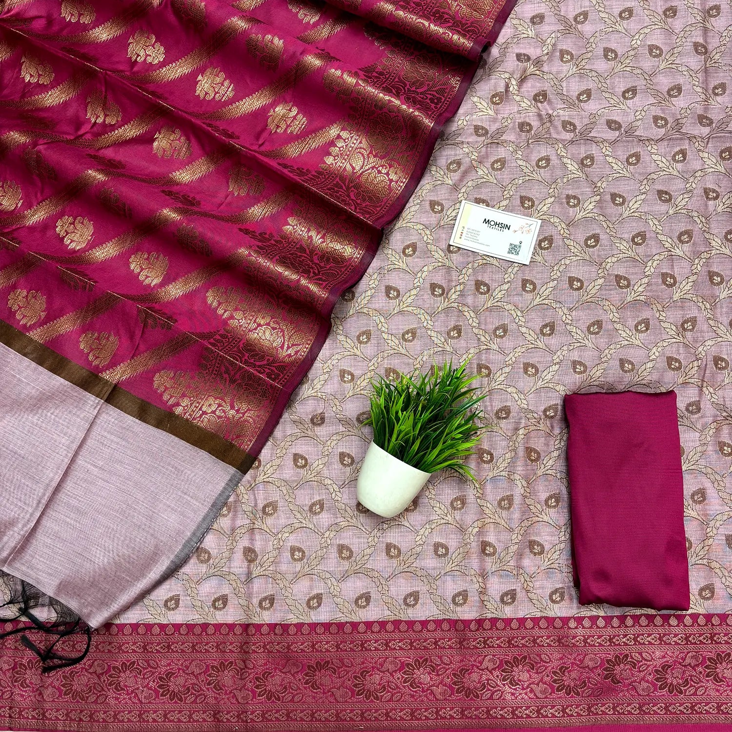 Baby Pink and Rani Patti Jaal Banarasi Silk Suit