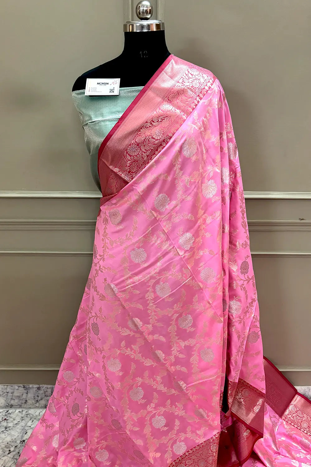 Baby Pink and Sea Green Zari Banarasi Silk Saree