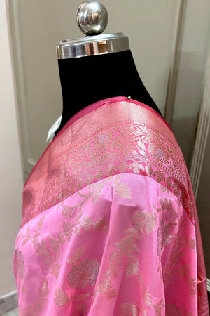 Baby Pink and Sea Green Zari Banarasi Silk Saree