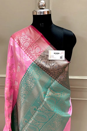 Baby Pink and Sea Green Zari Banarasi Silk Saree