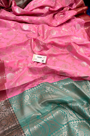 Baby Pink and Sea Green Zari Banarasi Silk Saree