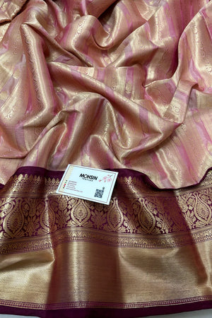Baby Pink and Wine Tissue Silk Banarasi Saree