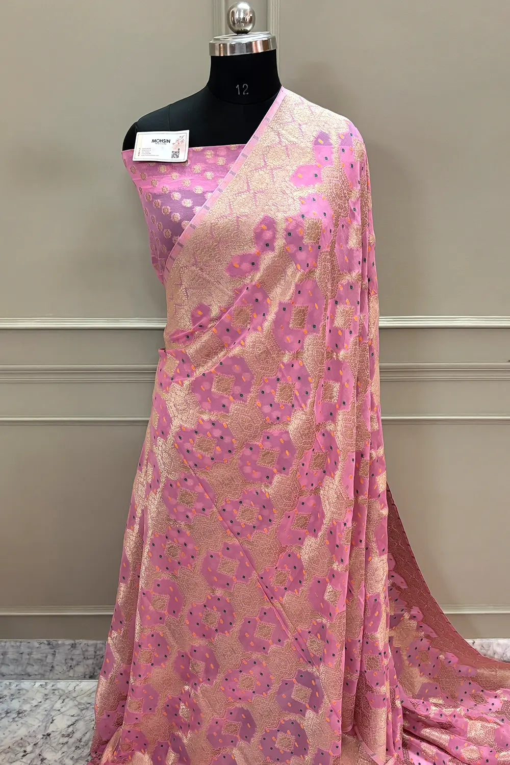 Baby Pink Bandhej Georgette Silk Banarasi Saree